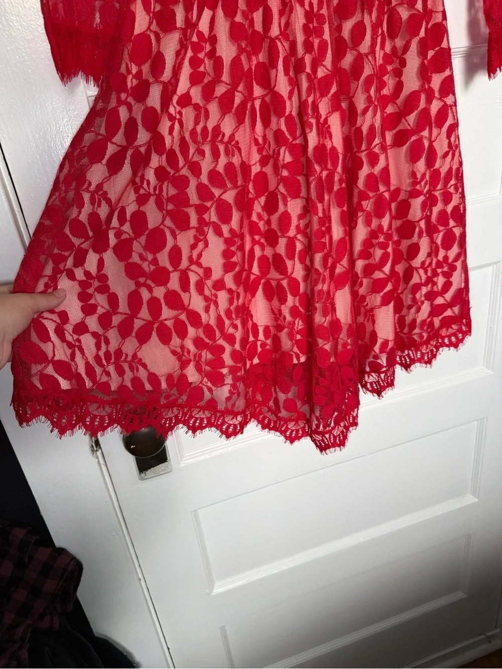 Free People Red Floral Lace Overlay Fit & Flare Dress w/Asymmetrical Hem Boho 4
